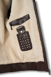 Brown genuine shearling bomber leather jacket with natural cream lining