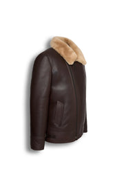 Dark brown genuine shearling leather aviator jacket with natural shearling lining