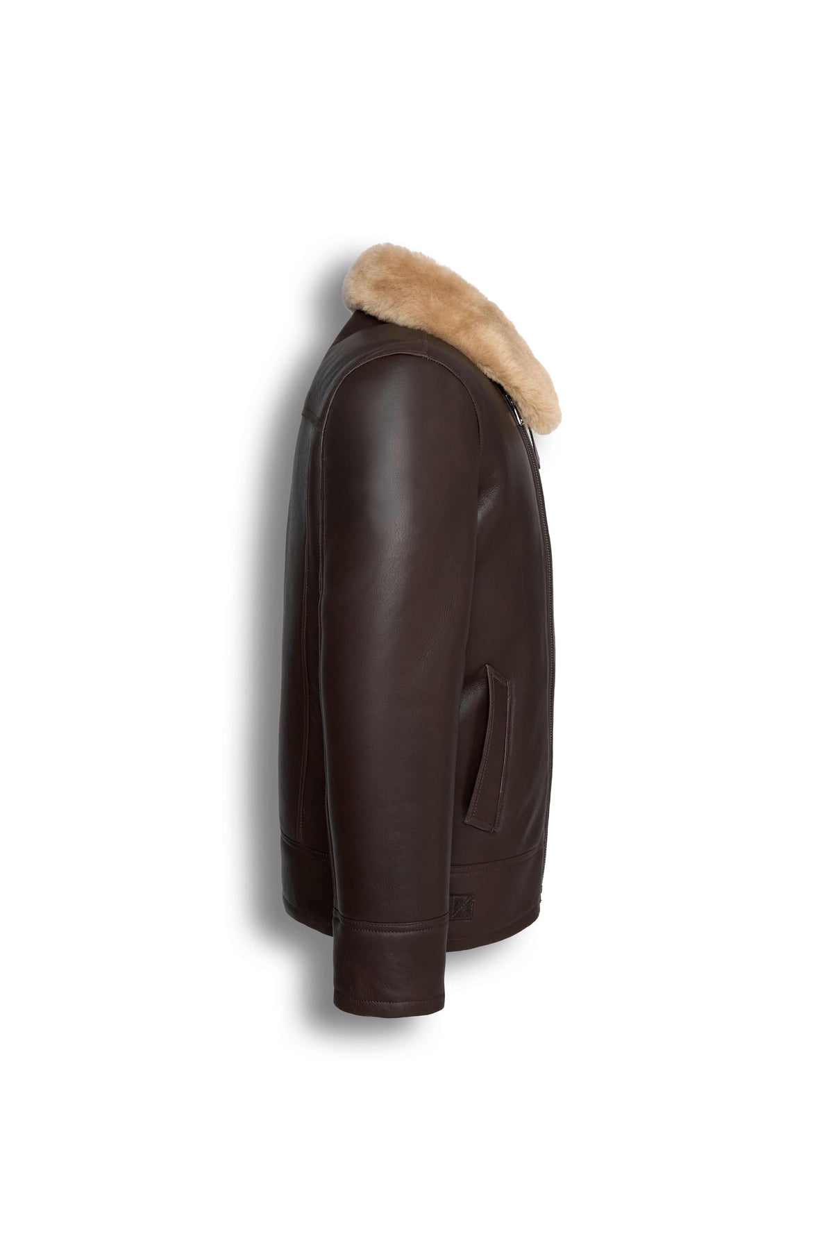 Dark brown genuine shearling leather aviator jacket with natural shearling lining