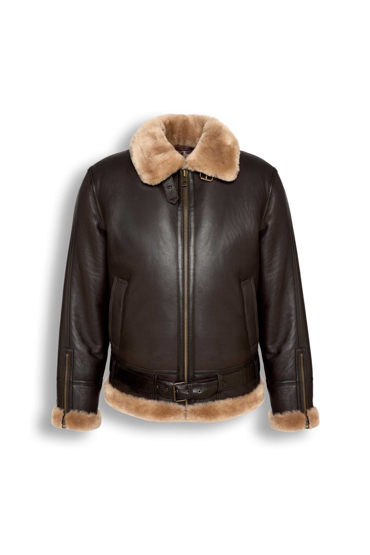 Heritage B3 dark brown shearling leather jacket with camel collar and heavy-duty zipper
