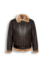 Heritage B3 dark brown shearling leather jacket with camel collar and heavy-duty zipper