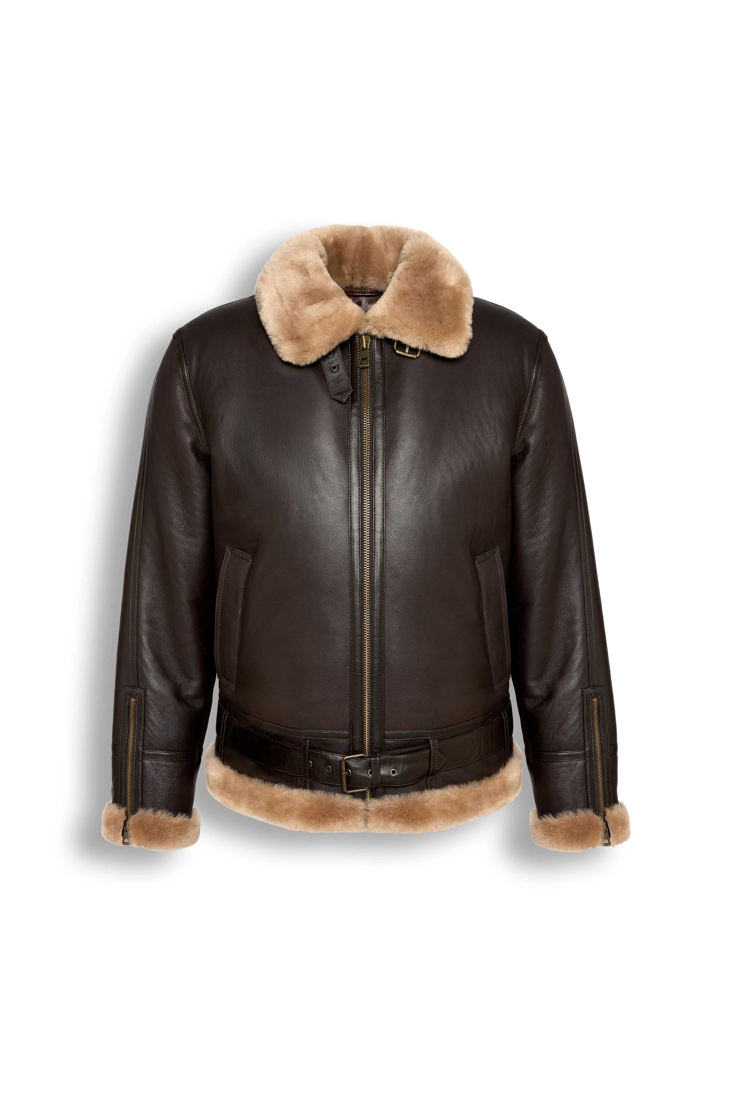 Heritage B3 dark brown shearling leather jacket with camel collar and heavy-duty zipper
