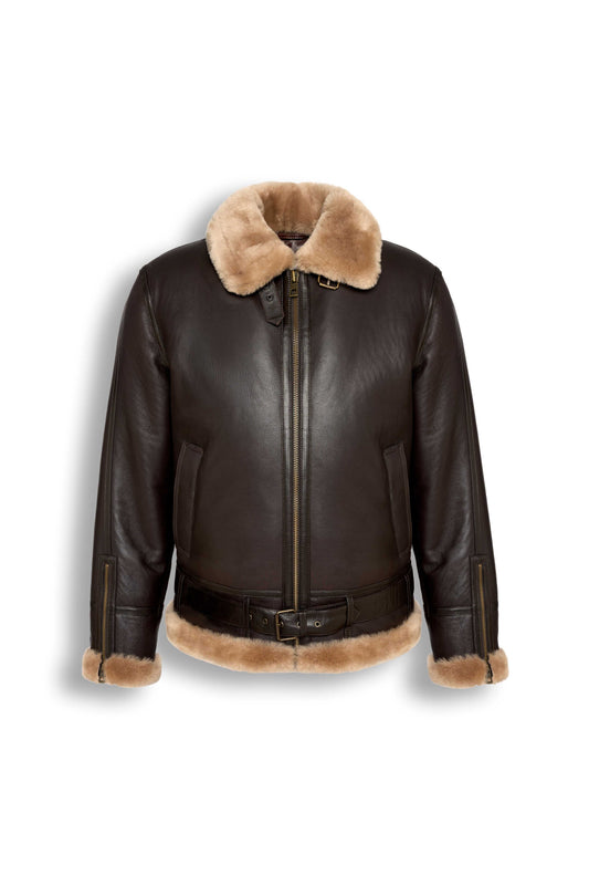 Heritage B3 dark brown shearling leather jacket with camel collar and heavy-duty zipper