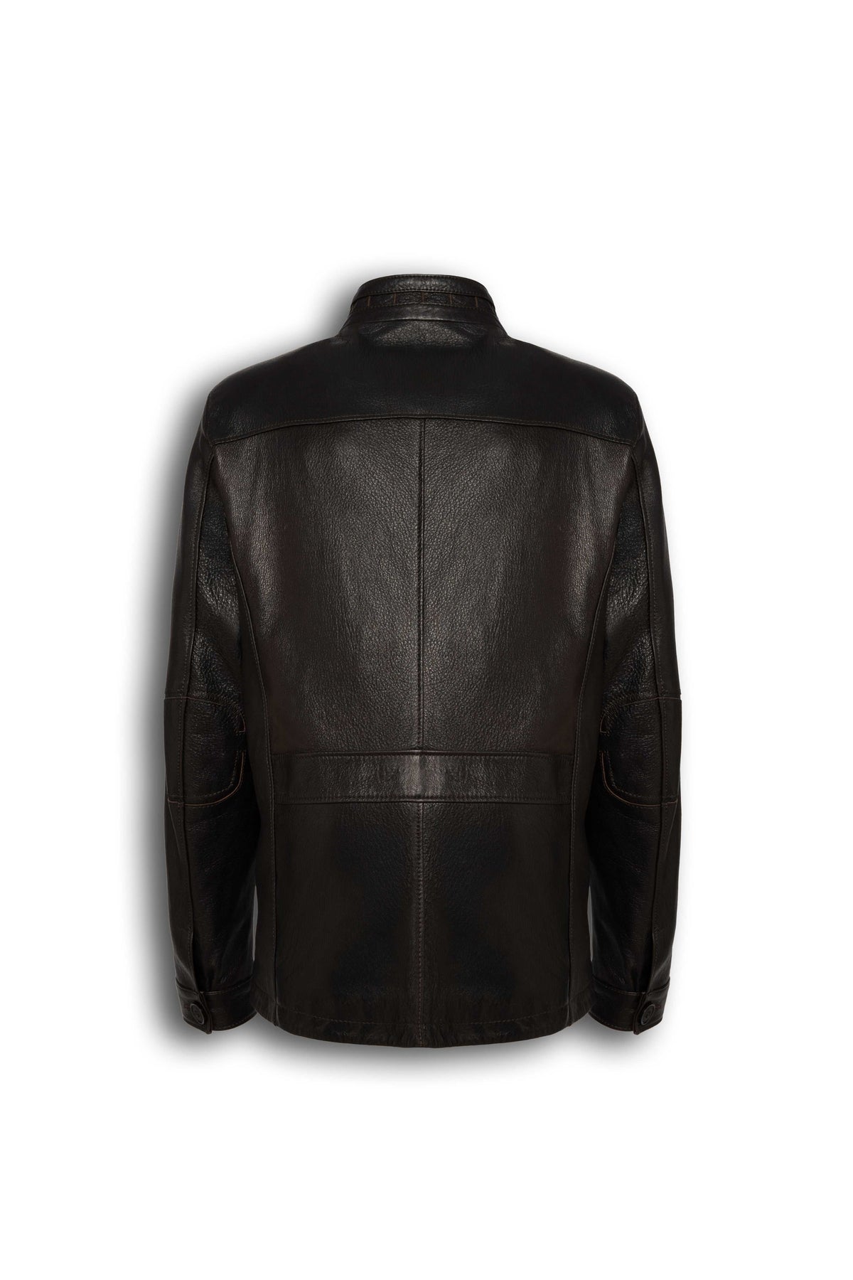 Zalvaro Heritage Stand Collar field leather jacket in dark espresso brown with military-inspired design and utility pockets