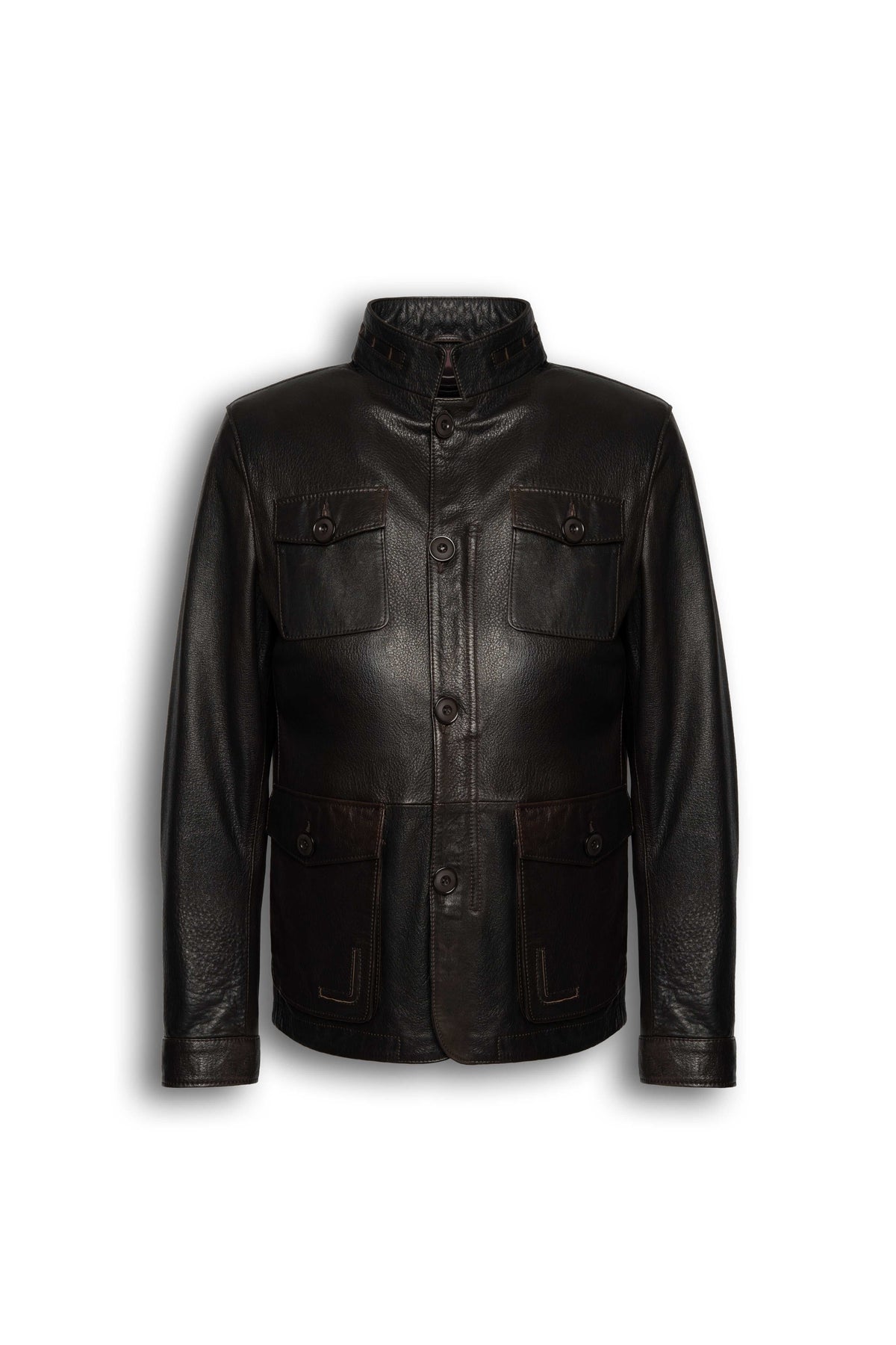 Zalvaro Heritage Stand Collar Field Jacket in dark espresso brown full-grain leather with military-inspired design and utility pockets