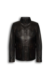 Zalvaro Heritage Stand Collar Field Jacket in dark espresso brown full-grain leather with military-inspired design and utility pockets