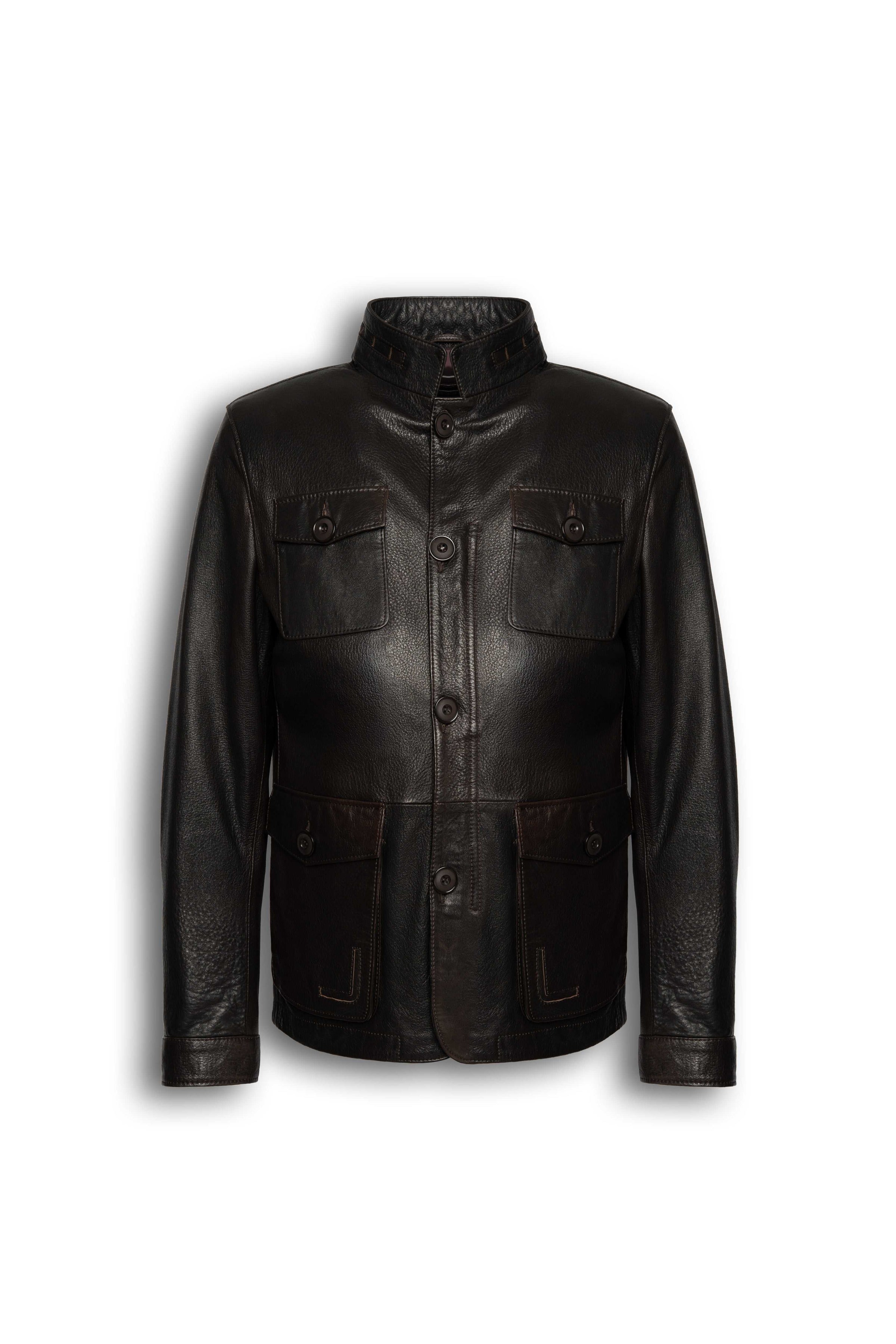 Zalvaro Heritage Stand Collar Field Jacket in dark espresso brown full-grain leather with military-inspired design and utility pockets