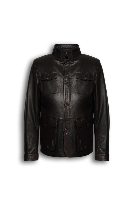 Zalvaro Heritage Stand Collar Field Jacket in dark espresso brown full-grain leather with military-inspired design and utility pockets