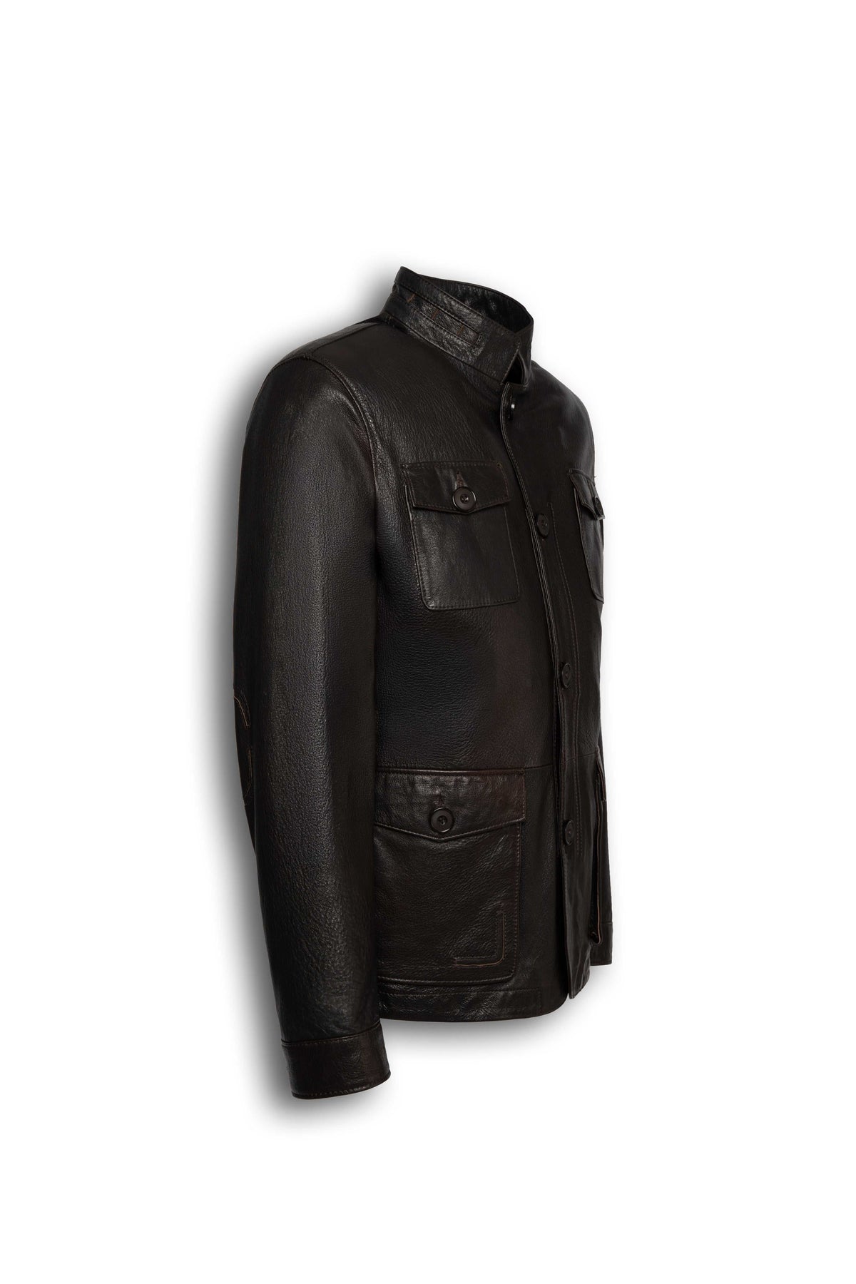 Zalvaro Heritage Stand Collar Field Leather Jacket in dark espresso brown with military-inspired design and four utility pockets