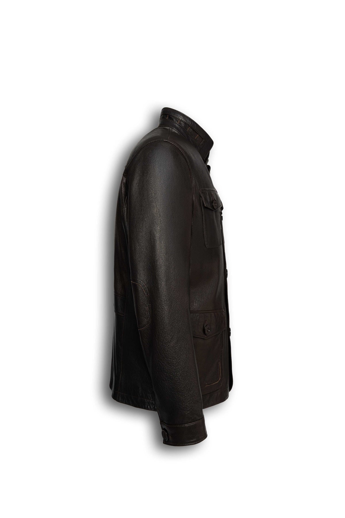 Zalvaro Heritage Stand Collar dark espresso brown leather field jacket with military-inspired design and utility pockets