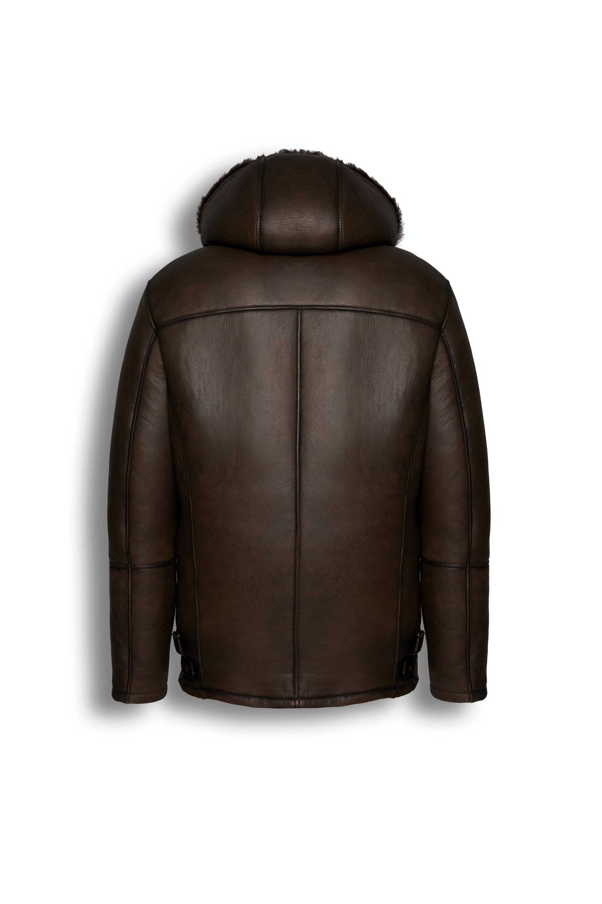 Dark brown hooded shearling leather jacket with natural sheepskin interior