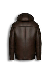 Dark brown hooded shearling leather jacket with natural sheepskin interior