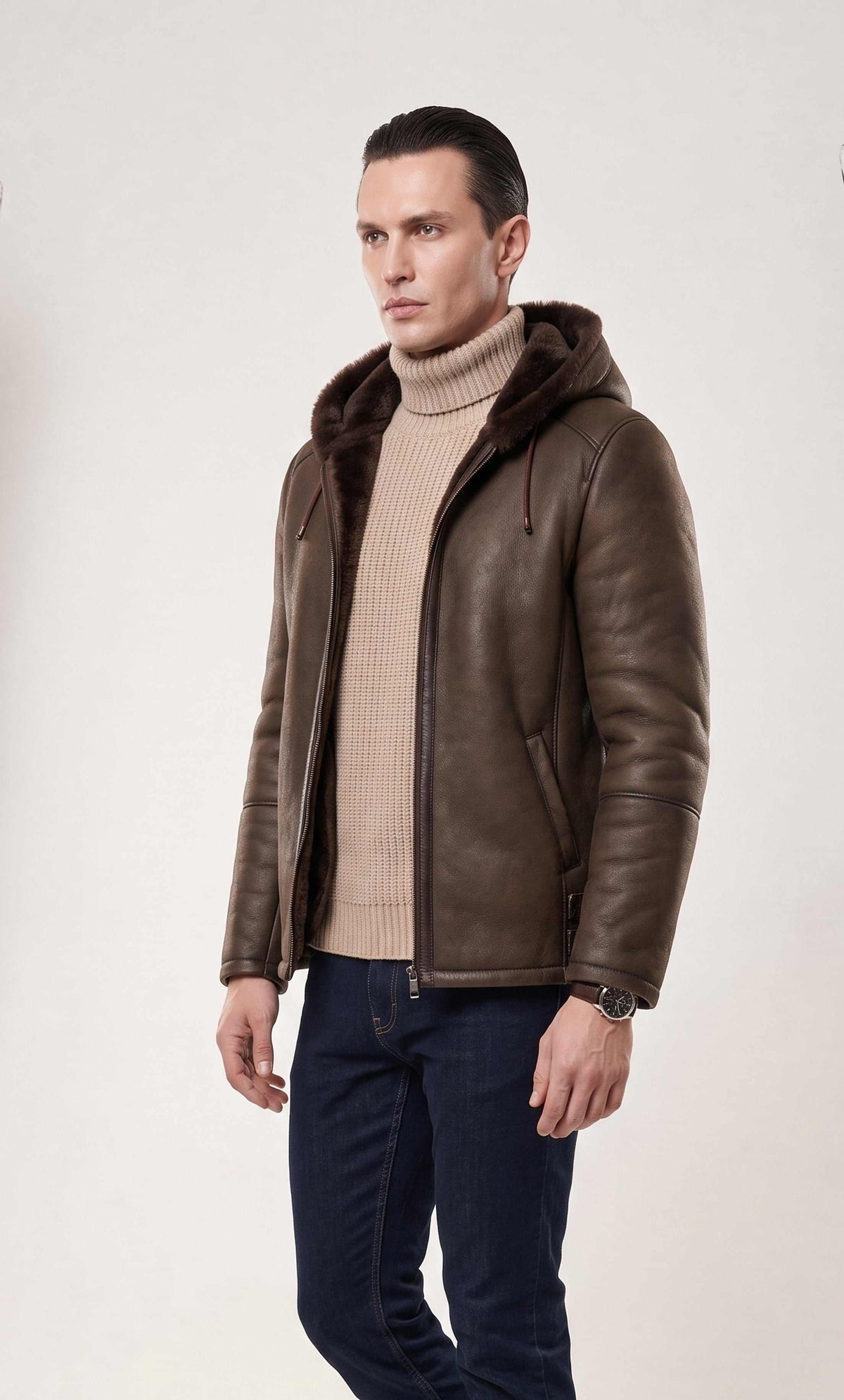 Dark brown hooded shearling leather jacket with natural shearling interior