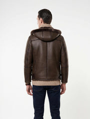 Dark brown hooded shearling leather jacket with natural shearling interior for winter warmth