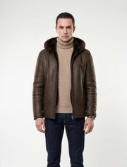 Dark brown hooded shearling leather jacket made from genuine sheepskin with natural shearling interior
