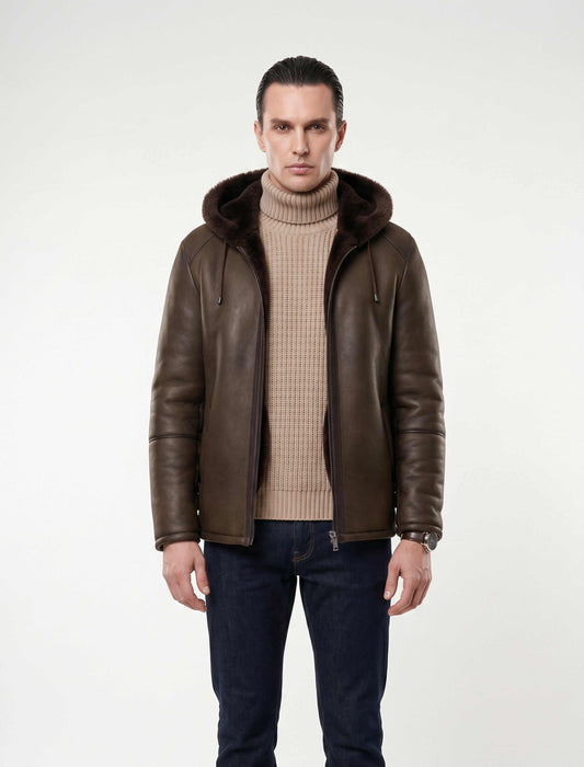 Dark brown hooded shearling leather jacket made from genuine sheepskin with natural shearling interior