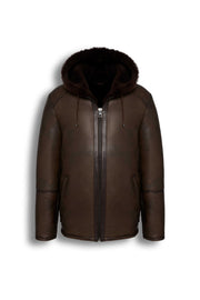 Dark brown hooded shearling leather jacket with natural sheepskin interior for winter warmth