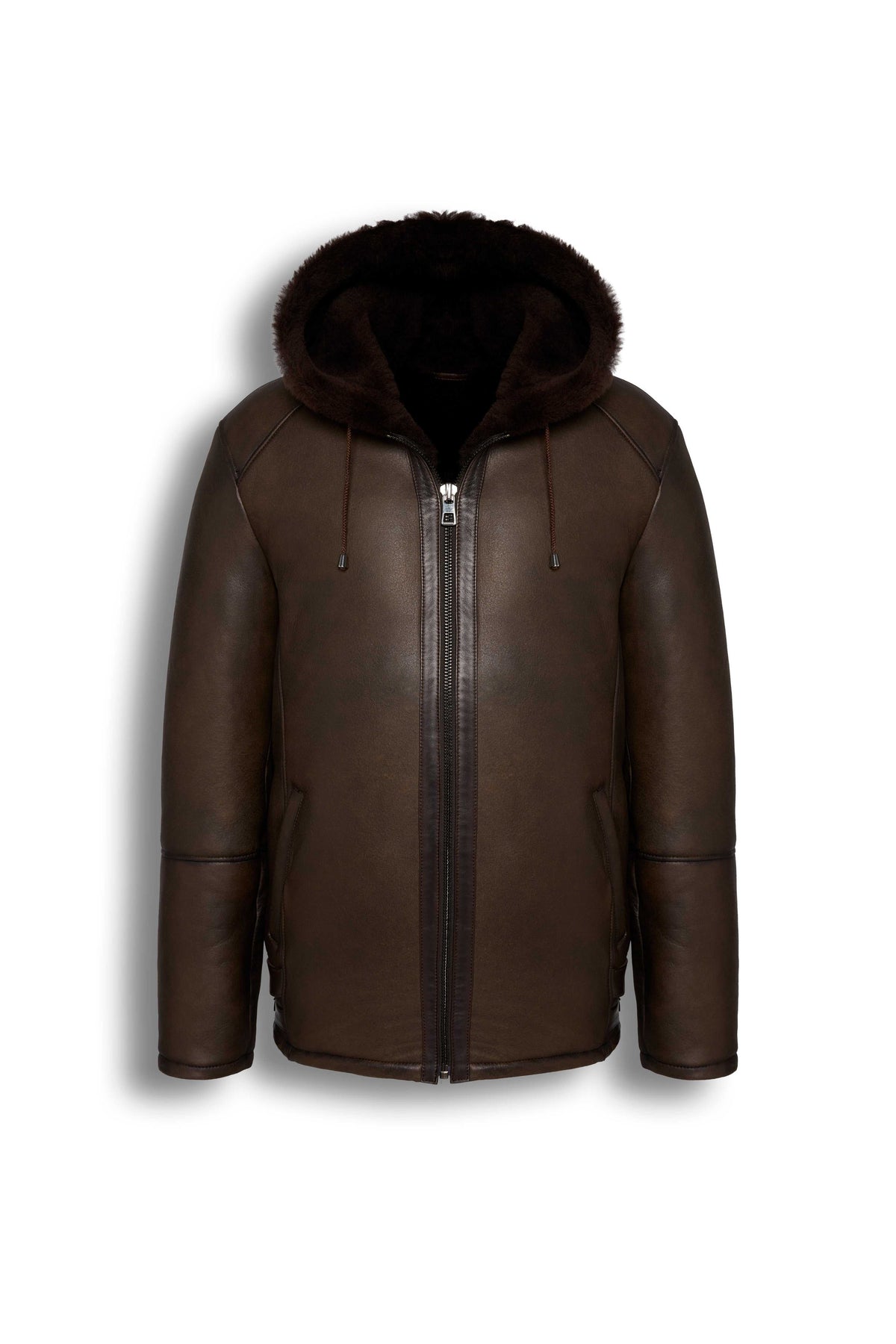 Dark brown hooded shearling leather jacket with natural sheepskin interior for winter warmth