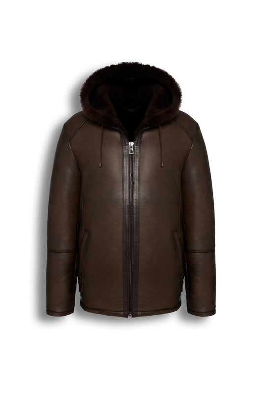 Dark brown hooded shearling leather jacket with natural sheepskin interior for winter warmth