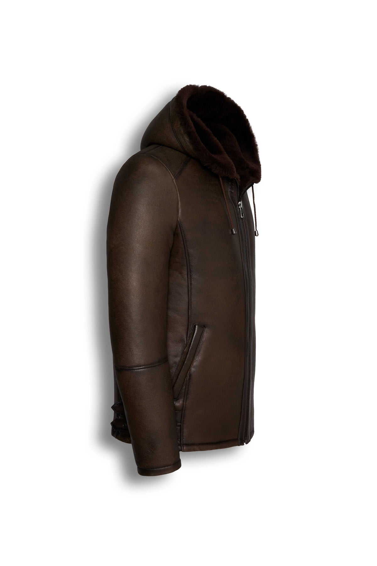 Dark brown hooded shearling leather jacket with premium sheepskin and natural shearling interior for winter warmth