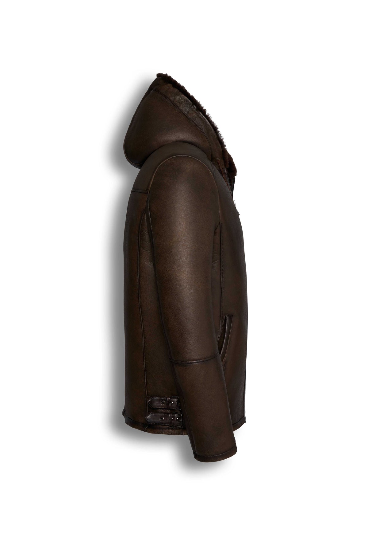 Dark brown hooded shearling leather jacket with genuine sheepskin and natural shearling interior
