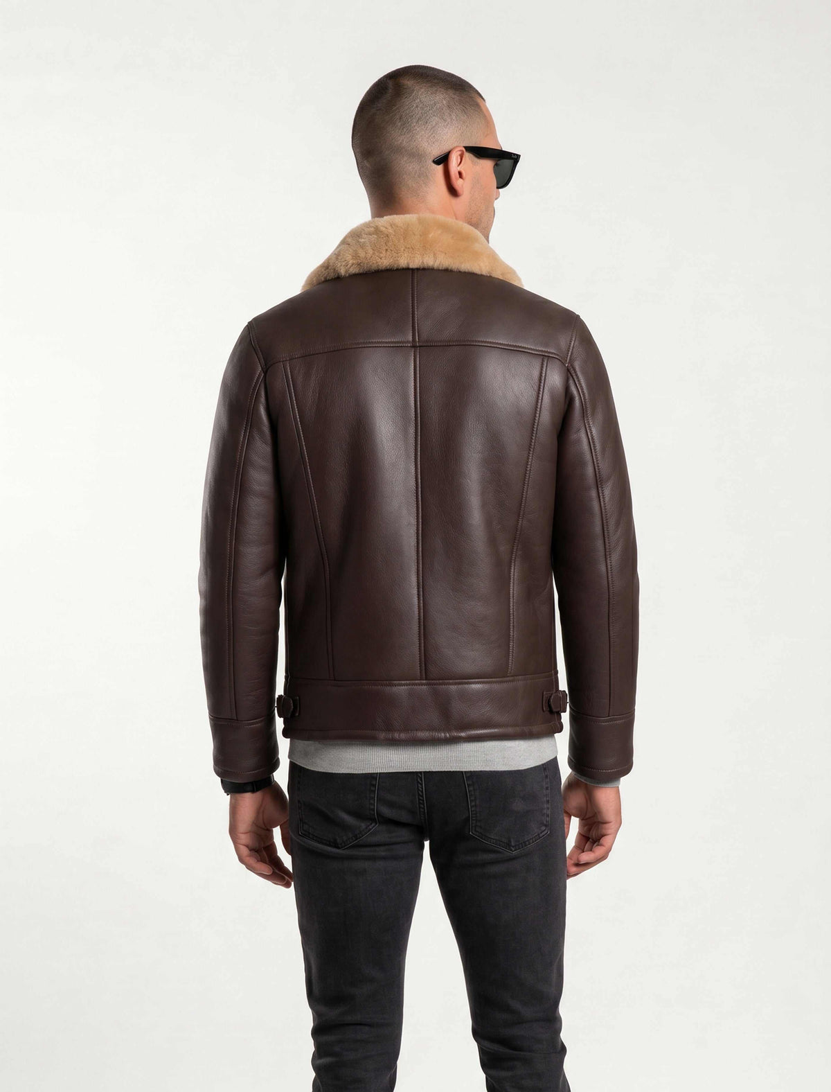 Dark brown genuine shearling leather aviator jacket with natural shearling lining