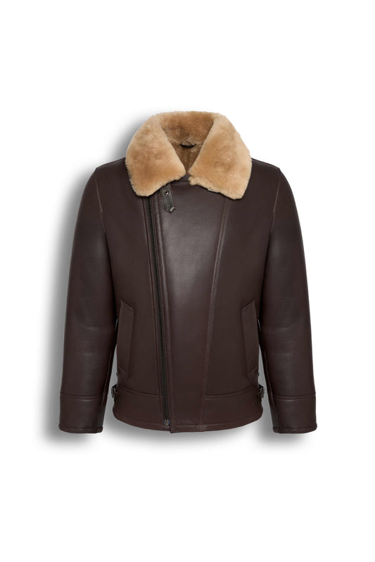 Dark Brown genuine shearling leather aviator jacket with natural shearling lining