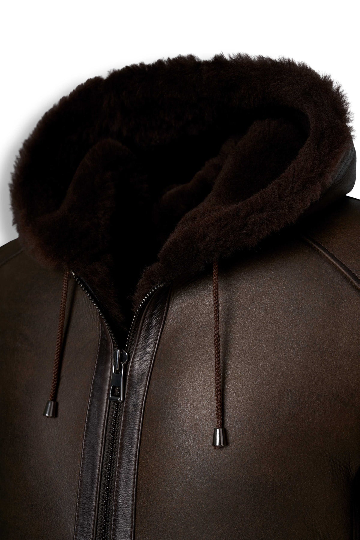 Dark brown hooded shearling leather jacket with natural shearling interior for winter warmth