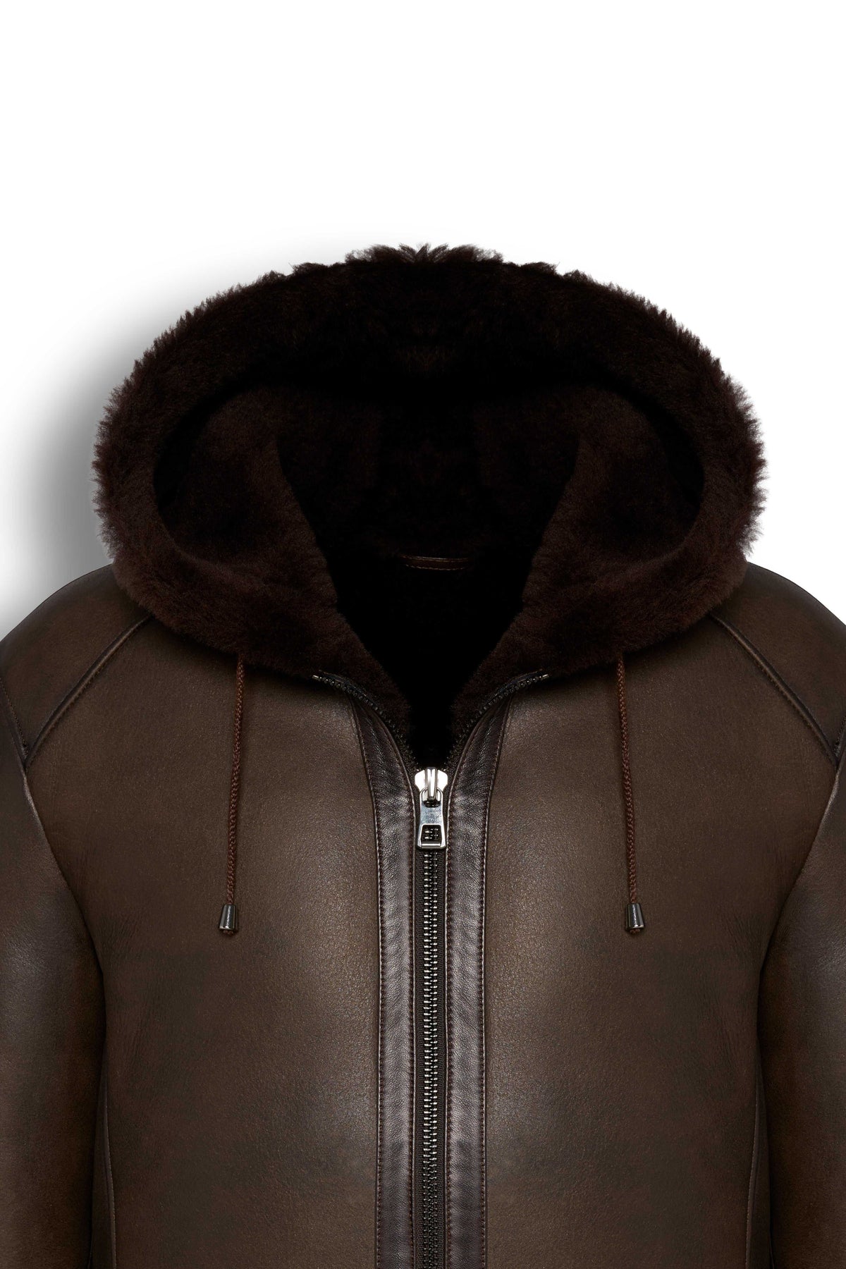 Dark brown hooded shearling leather jacket with natural shearling interior for winter warmth