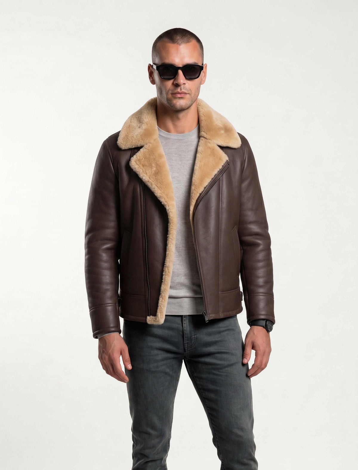 Dark brown genuine shearling leather aviator jacket with natural shearling lining