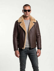 Dark brown genuine shearling leather aviator jacket with natural shearling lining