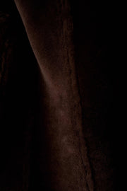 Dark brown hooded shearling leather jacket with full natural sheepskin interior for winter warmth