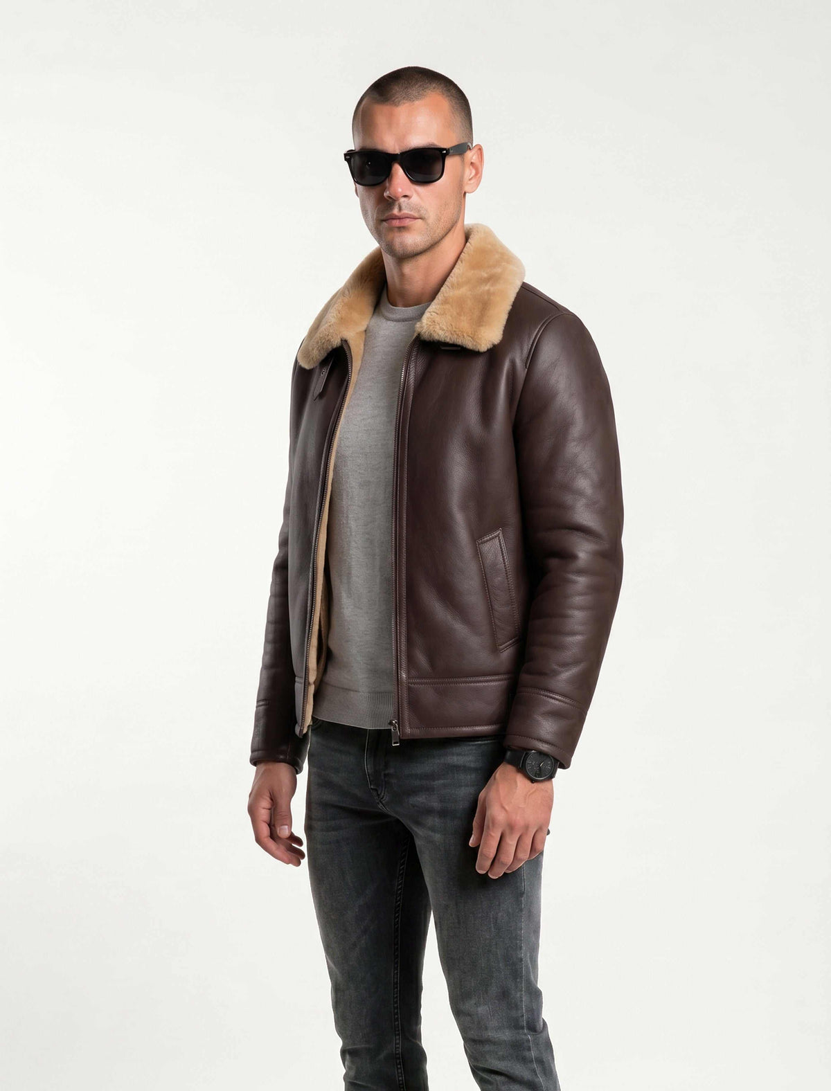 Dark brown genuine shearling leather aviator jacket with natural shearling lining