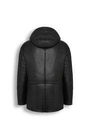 Everest Hooded Shearling Jacket in genuine sheepskin leather with natural shearling lining and leather hood
