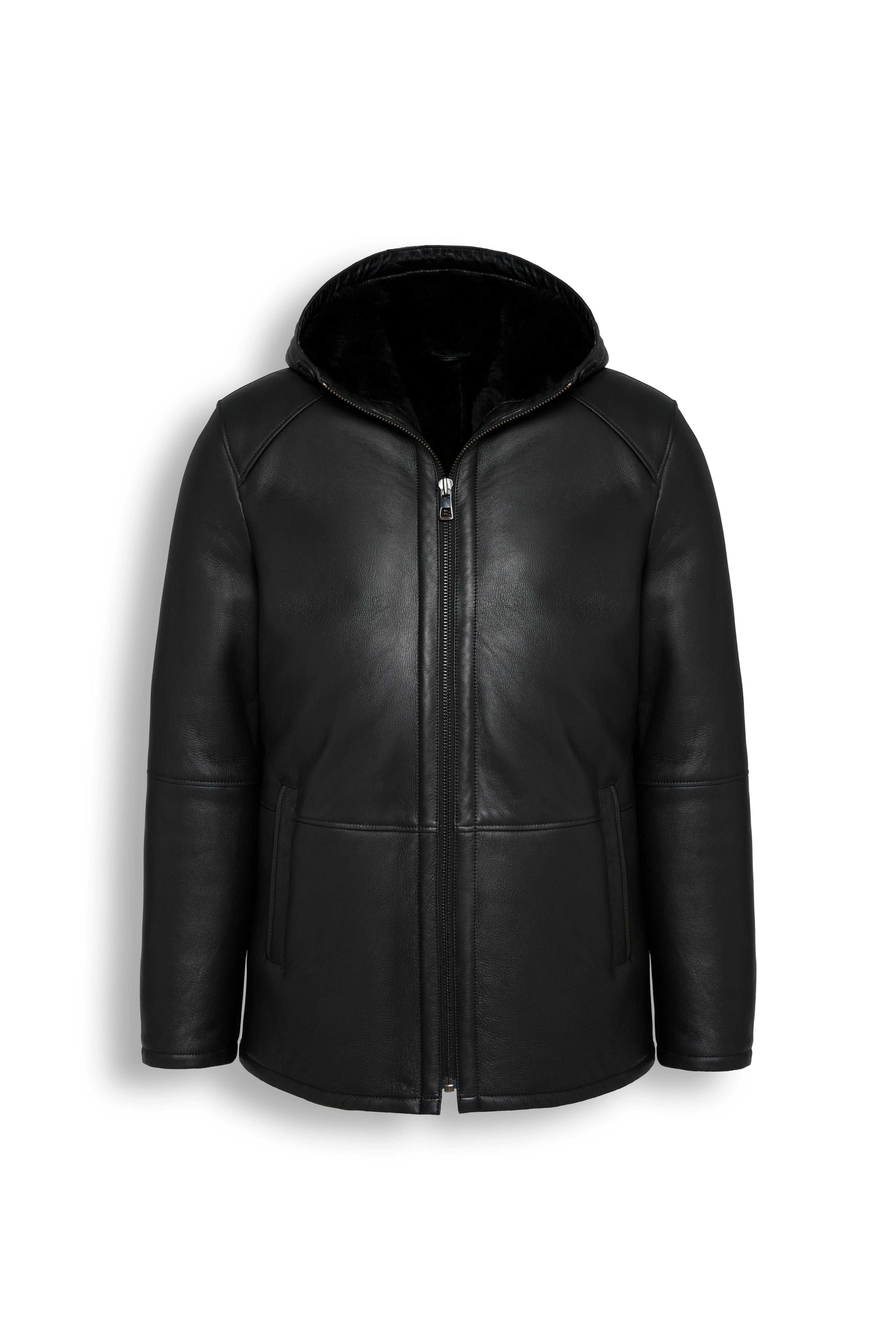 Zalvaro Everest Hooded Shearling Jacket in genuine sheepskin leather with full natural shearling lining and leather hood for winter warmth and style