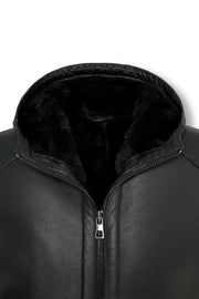 Everest Hooded Shearling Jacket in genuine sheepskin leather with natural shearling lining and leather hood for winter warmth and elegance