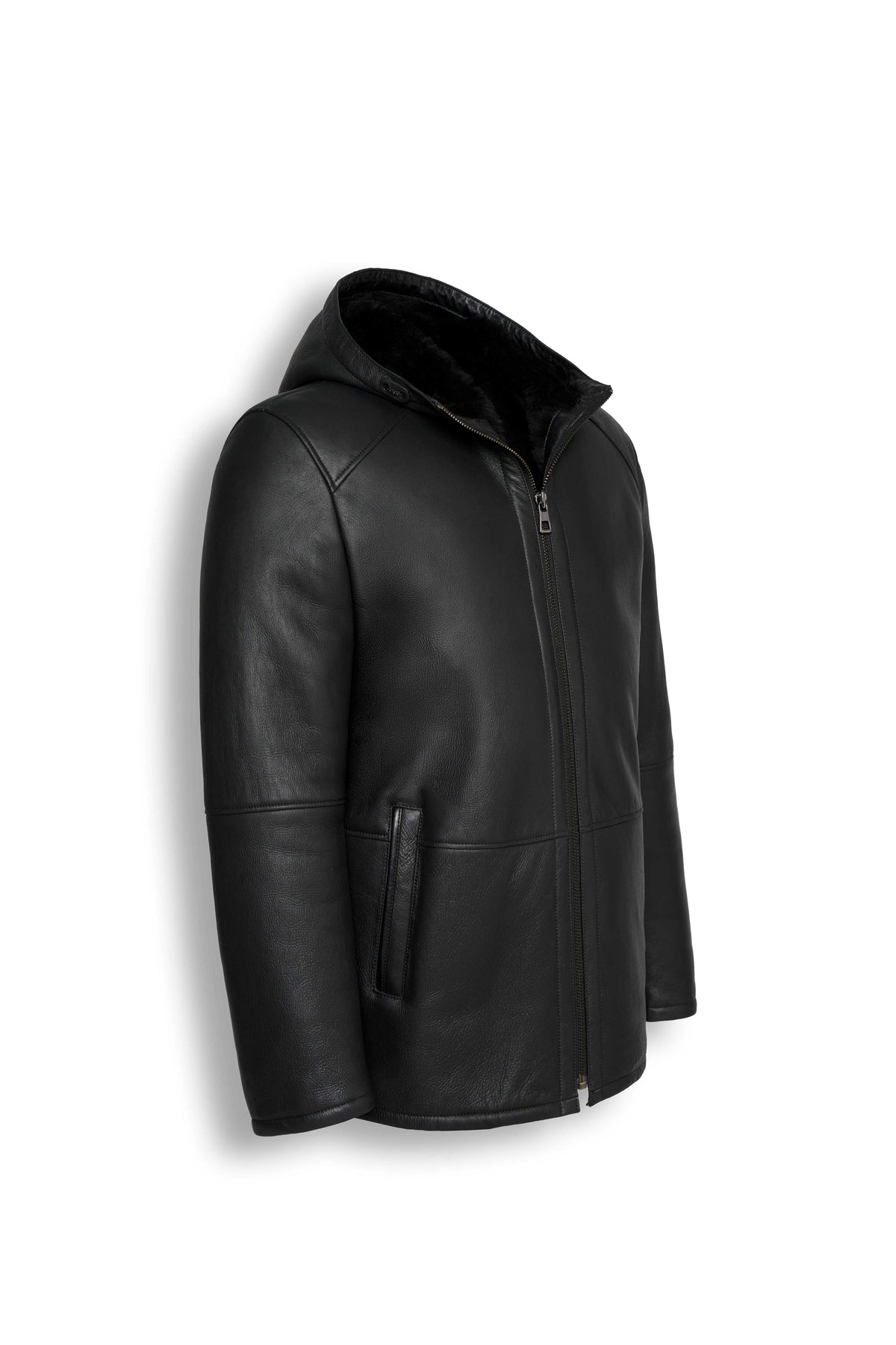 Zalvaro Everest Hooded Shearling Jacket in premium genuine sheepskin leather with natural shearling lining and leather hood
