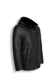 Zalvaro Everest Hooded Shearling Jacket in premium genuine sheepskin leather with natural shearling lining and leather hood