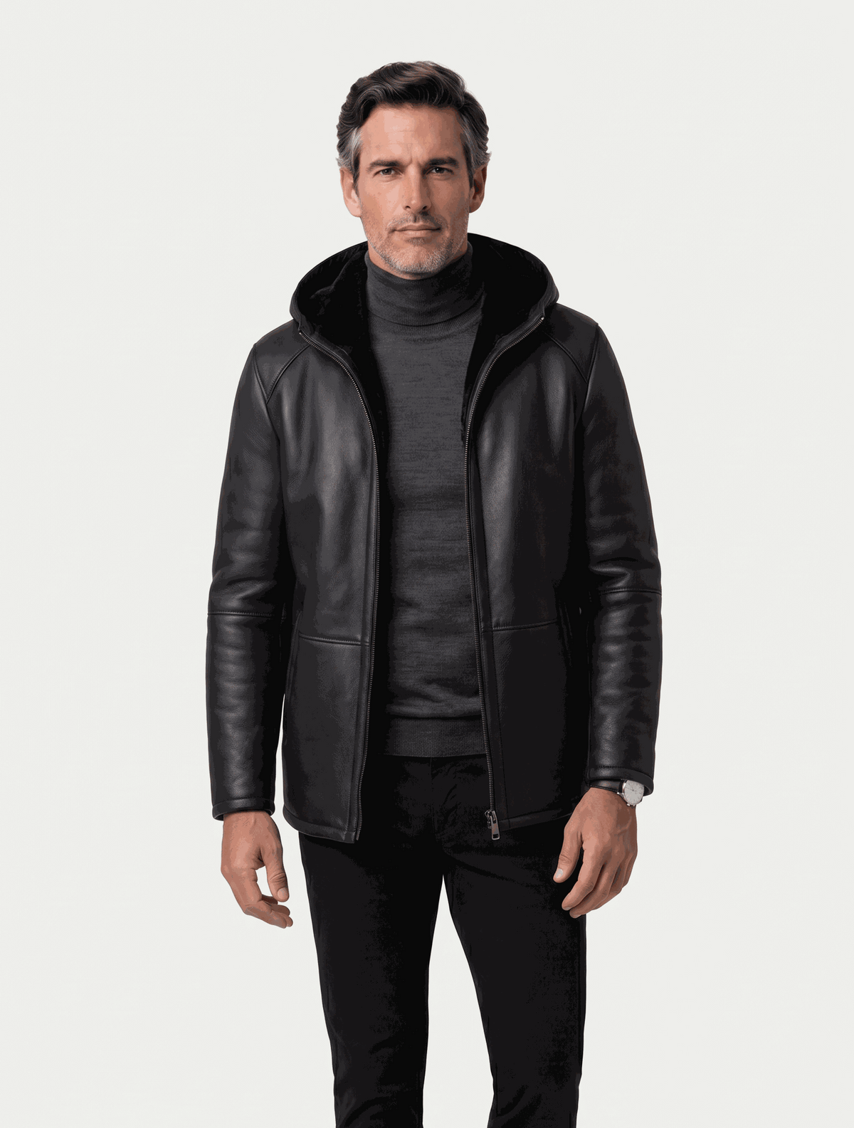 Zalvaro Everest Hooded Shearling Jacket in premium genuine sheepskin leather with full shearling lining and integrated leather hood for winter warmth and elegance