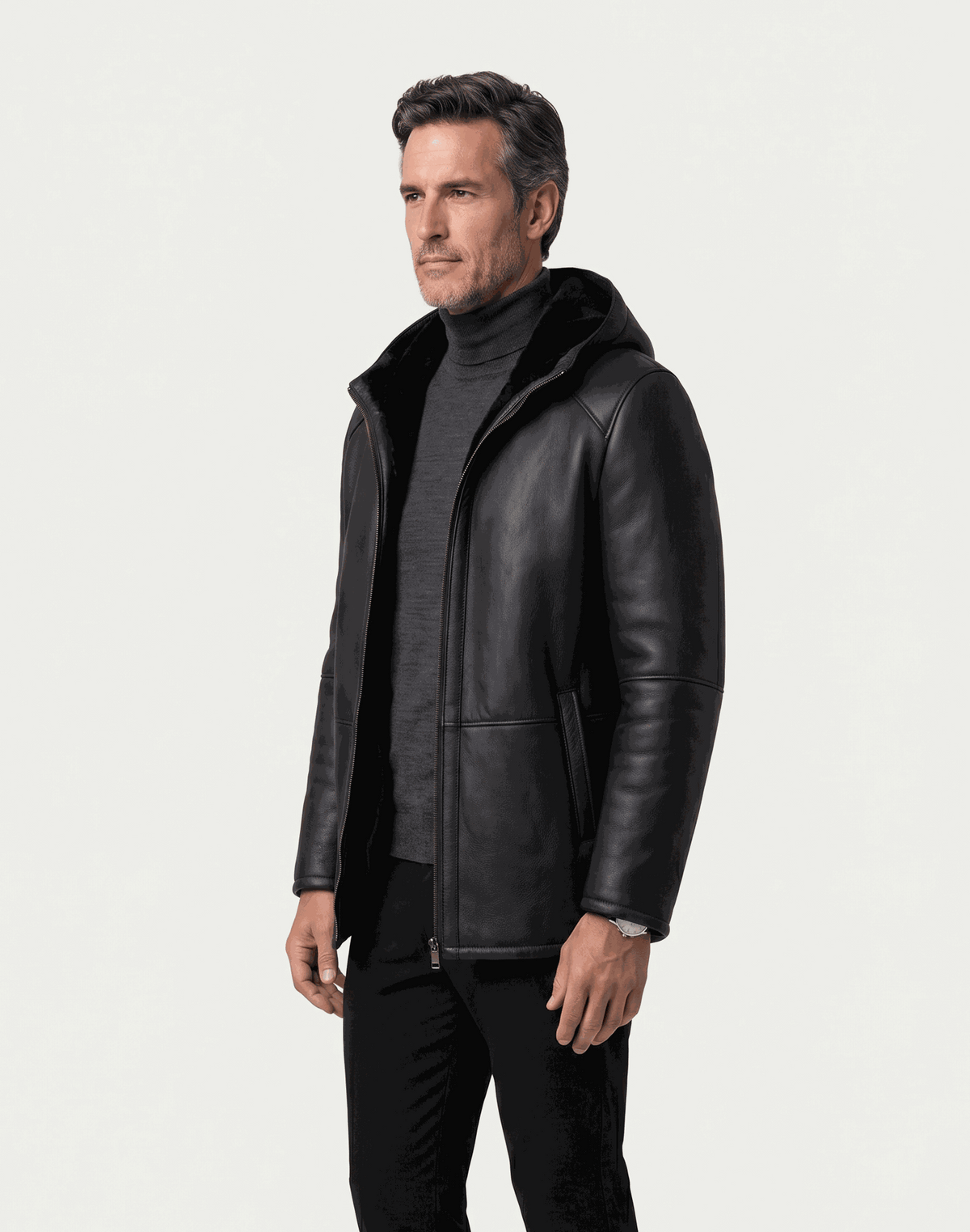 Everest Hooded Shearling Jacket in genuine sheepskin leather with natural shearling lining and integrated leather hood