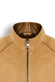 Men's Falcon Nubuck Racer Jacket in premium soft matte leather with minimalistic design and band collar