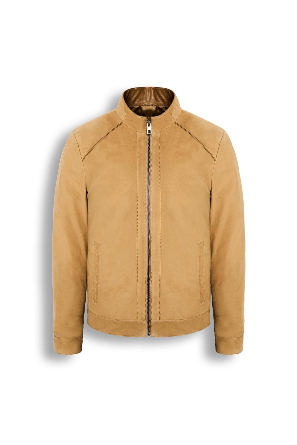 Men's Falcon Nubuck Racer Jacket in premium soft nubuck leather with minimalist design and band collar