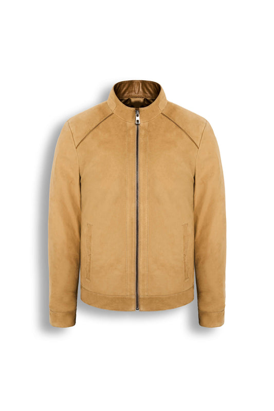 Men's Falcon Nubuck Racer Jacket in premium soft nubuck leather with minimalist design and band collar
