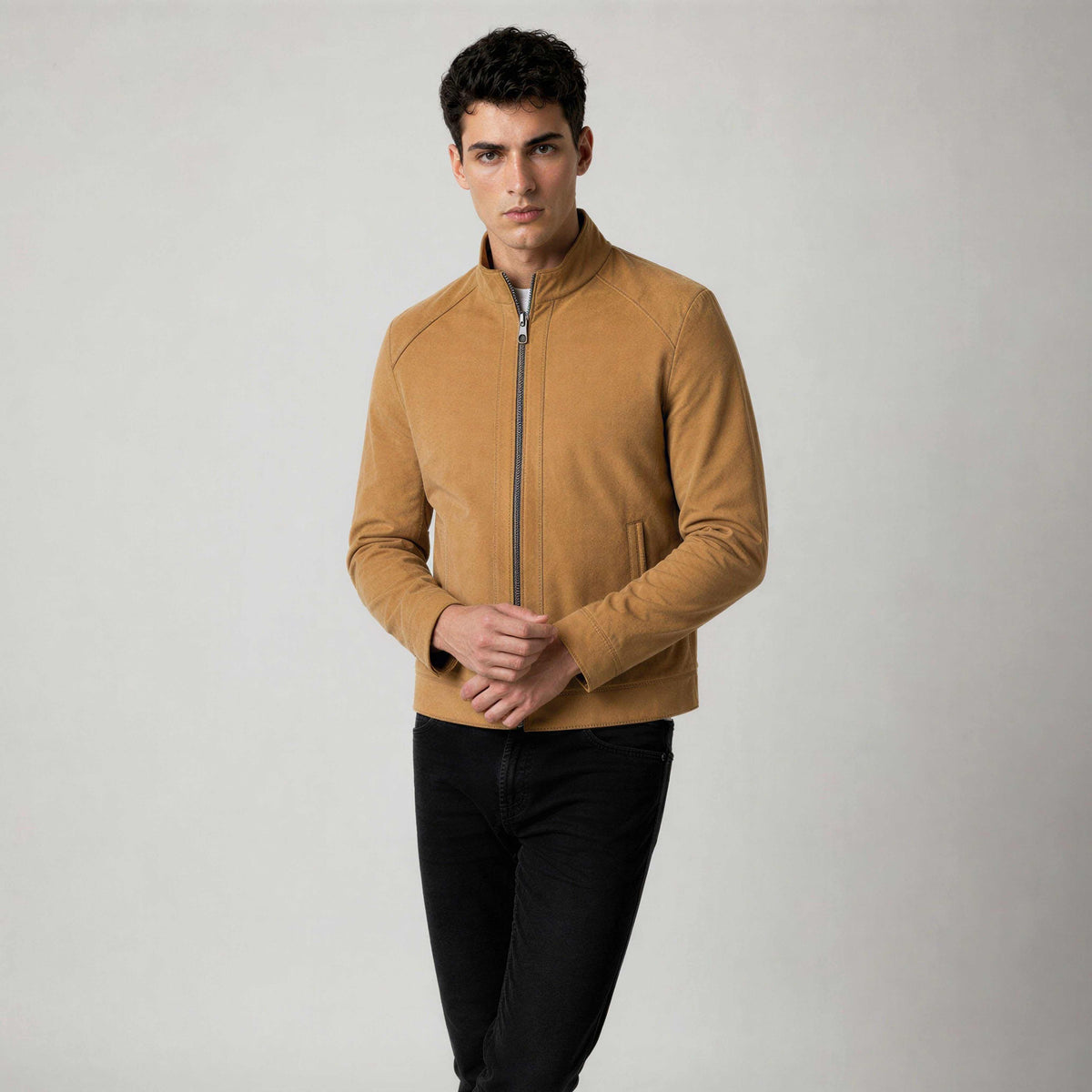 Men's Falcon Nubuck Racer Jacket in premium soft matte leather with minimalist design