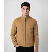 Falcon Nubuck Racer Jacket in premium soft matte leather with minimalistic design and band collar
