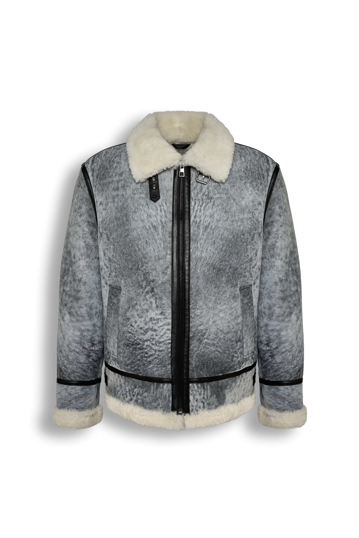 Glacier Grey Merino Shearling Aviator Jacket with vintage finish and shearling collar