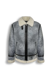 Glacier Grey Merino Shearling Aviator Jacket with vintage finish and shearling collar
