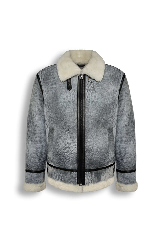 Glacier Grey Merino Shearling Aviator Jacket with vintage finish and shearling collar