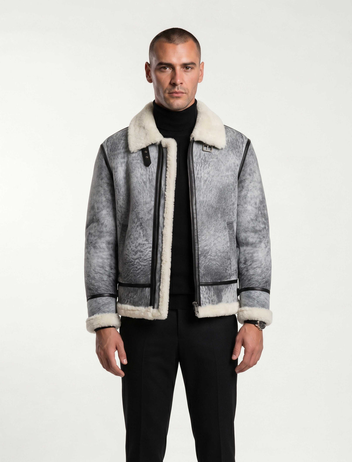 Glacier Grey Merino Shearling Aviator Jacket with wool interior and black leather trim