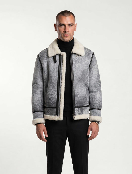Glacier Grey Merino Shearling Aviator Jacket with wool interior and black leather trim